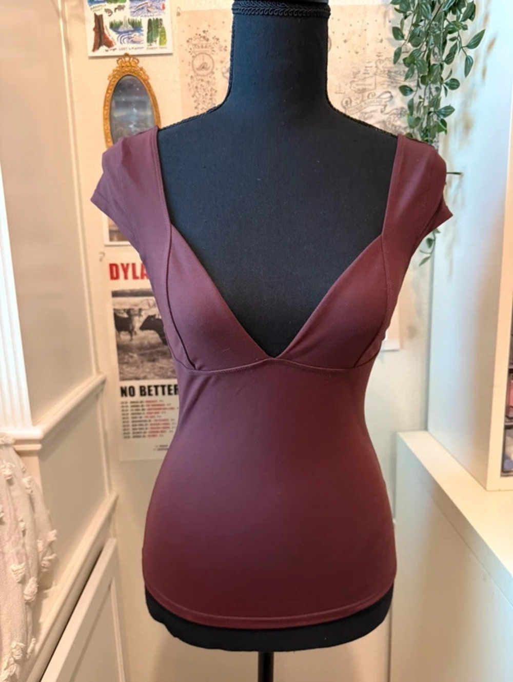 Free People Burgundy Deep V Open Back Cap Sleeve Fitted Top Size XS